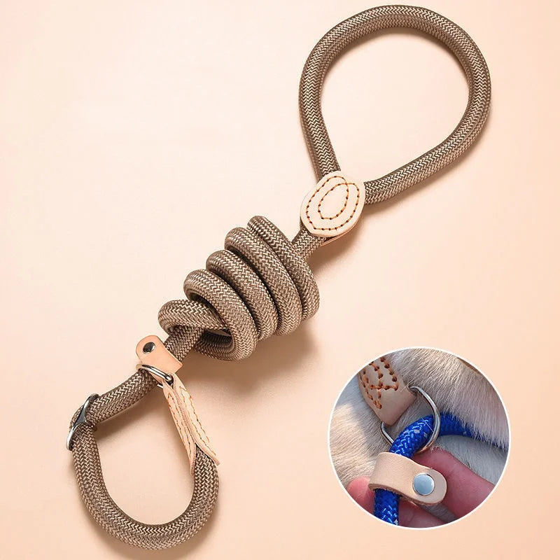 Laisse lasso Horizon pour grand chien en corde de nylon tressée marron avec finitions en cuir et boucle coulissante.