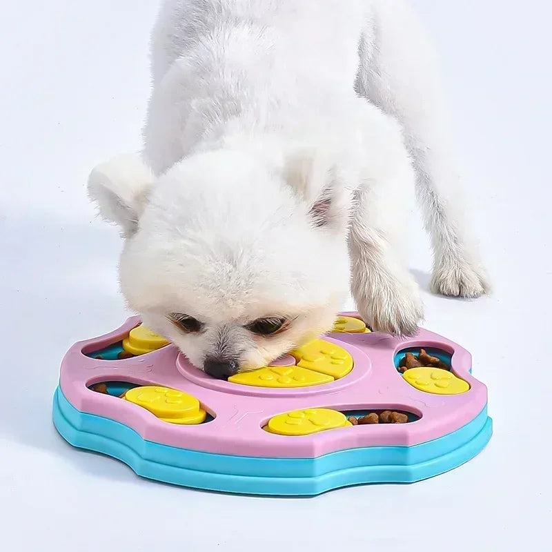 "Petit chien blanc mangeant ses croquettes dans une gamelle anti-glouton rose"